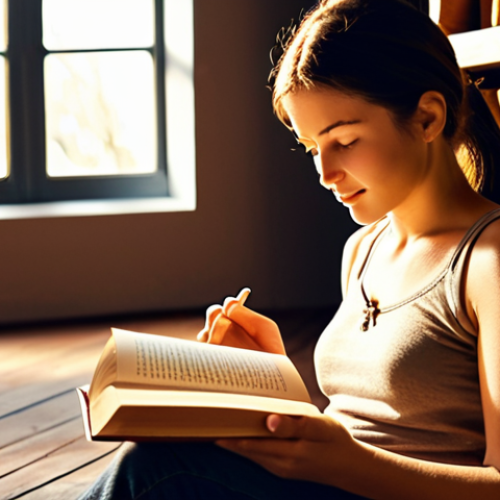 Home 19 **Image:** A person sitting comfortably in a brightly lit, uncluttered space, engrossed in a book. Their eyes are focused, and a slight smile plays on their lips. Subtle rays of light emanate from the book, symbolizing the flow of knowledge. In the background, slightly blurred, are stacks of books, suggesting a vast amount of reading material.
**Prompt:** Focused reader absorbing knowledge from a glowing book in a peaceful setting.