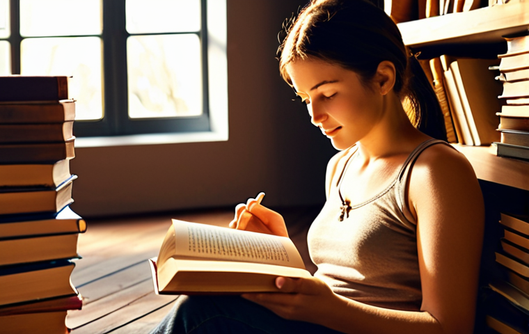 **Image:** A person sitting comfortably in a brightly lit, uncluttered space, engrossed in a book. Their eyes are focused, and a slight smile plays on their lips. Subtle rays of light emanate from the book, symbolizing the flow of knowledge. In the background, slightly blurred, are stacks of books, suggesting a vast amount of reading material.
**Prompt:** Focused reader absorbing knowledge from a glowing book in a peaceful setting.