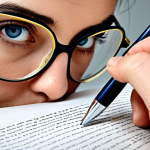 **Eye Training Exercise:** A person using a pen to guide their eyes across a page, focusing on making larger saccades. The scene should depict concentration and effort in improving reading speed.