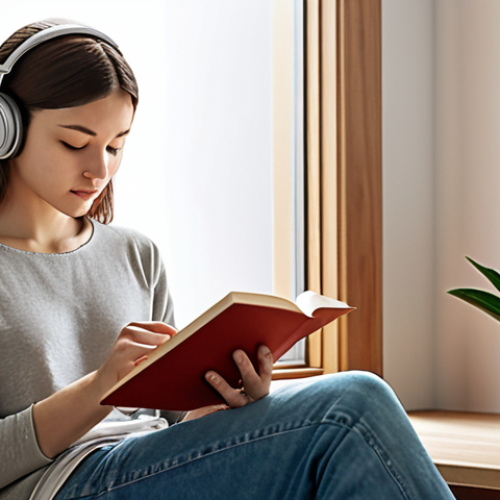 Home 17 **
Prompt: A person sitting in a comfortable, quiet room, possibly with noise-canceling headphones, deeply focused on reading a book or document on a tablet. Subtle elements in the background hint at mindfulness and relaxation, such as a small plant or a calming color scheme. The overall mood is productive and serene.
**