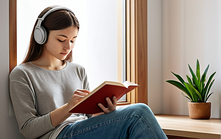 **
Prompt: A person sitting in a comfortable, quiet room, possibly with noise-canceling headphones, deeply focused on reading a book or document on a tablet. Subtle elements in the background hint at mindfulness and relaxation, such as a small plant or a calming color scheme. The overall mood is productive and serene.
**